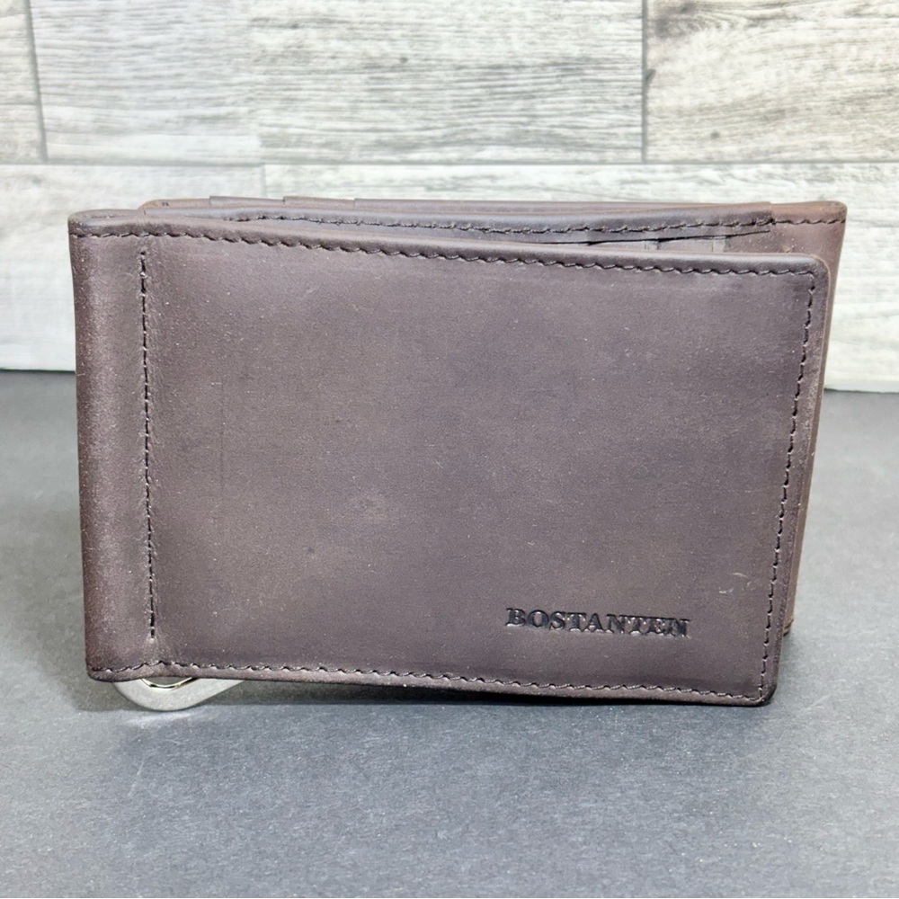 Bostanten Men’s Brown Leather Wallet ID Window Credit‎ Card Trfold Button Pocket